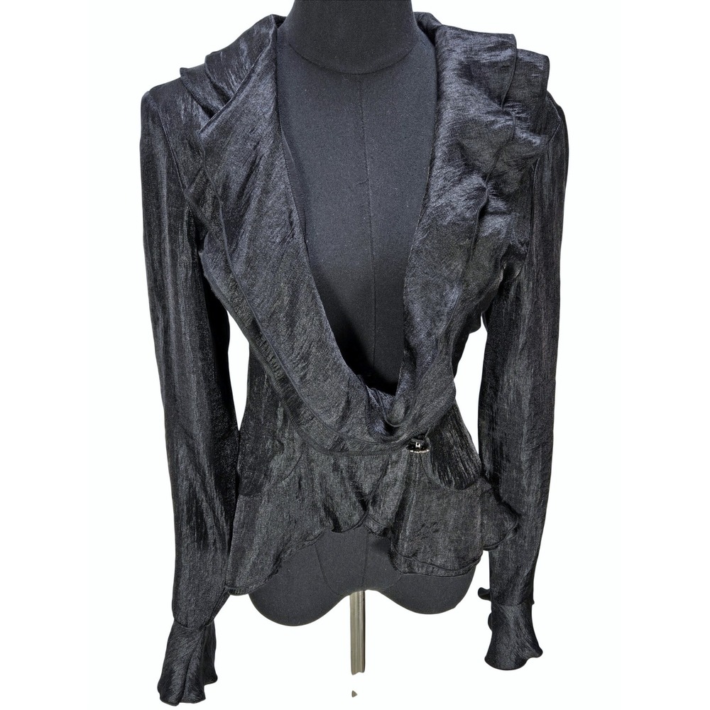 Women's Medium Black Peplum Ruffle Blouse Rhinestone Goth Victorian Whimsigoth